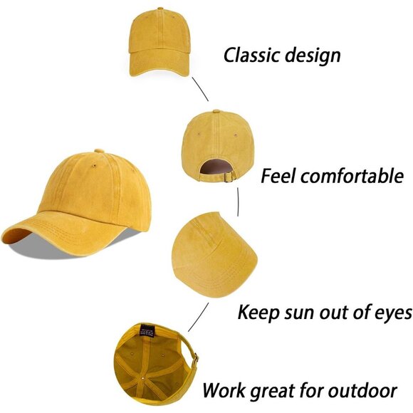 Unisex Washed-yellow Baseball Cap Cotton Fits Washed Denim Adjustable Hat - Picture 7 of 7